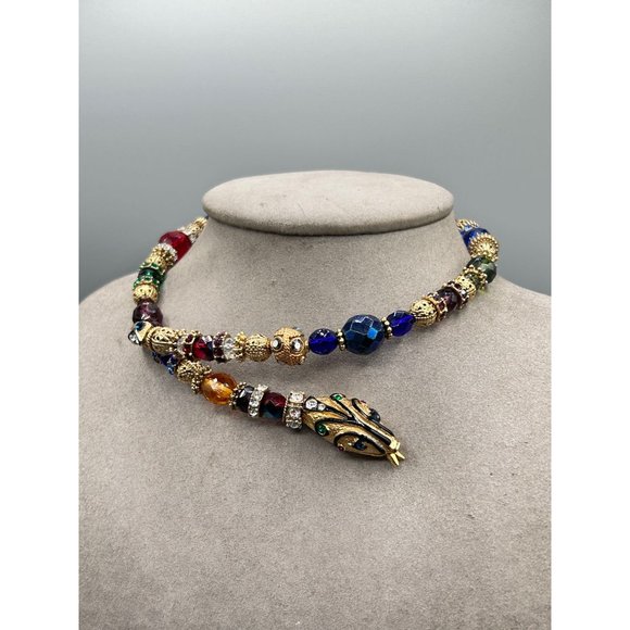 Snake Necklace Memory Wire Signed SWEET ROMANCE Beaded Serpent Choker One Size - Picture 2 of 12